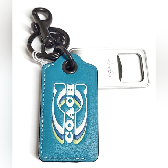 Coach Bottle Opener Key Fob with Stamp Keychain JI/Teal Multi Leather NWT - Picture 9 of 16